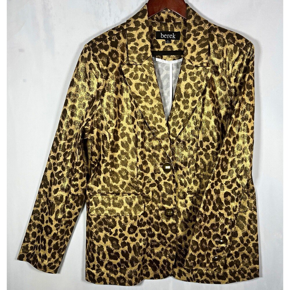 Berek Women’s Jacket Leopard Print Button Front Long Sleeve Pockets Size Large